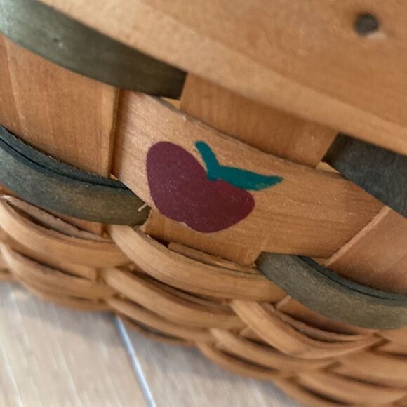 Vintage Basket Woven Wood Slat Hinged Handle Apple Design Green Accent 8.5x10” - Picture 3 of 16